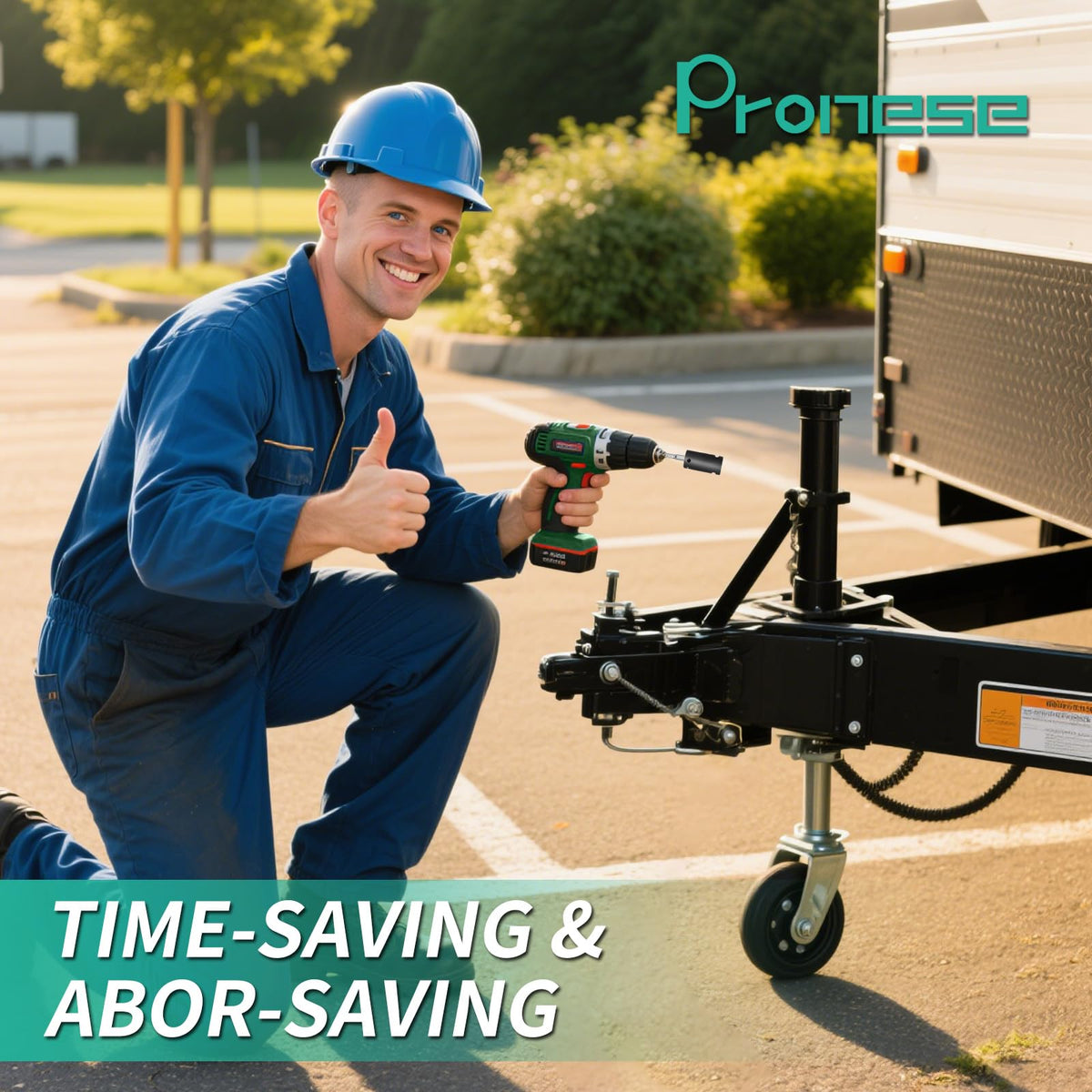 Pronese adapter beside cordless drill showing compact size and portability benefit