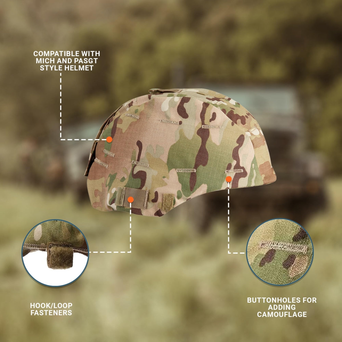 Propper helmet cover worn in field with foliage added for improved concealment benefit