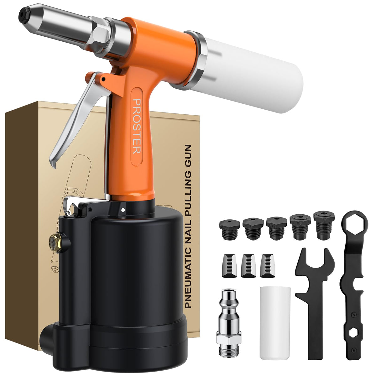 Proster front view of rivet gun showing ergonomic handle and lightweight body benefit control