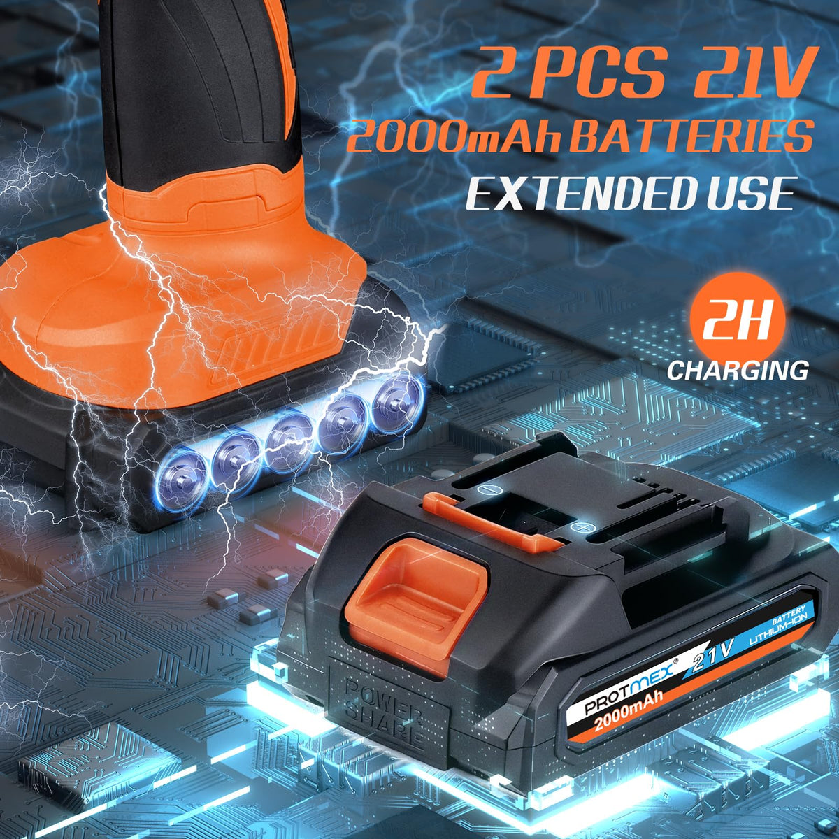 Protmex dual 21V 2000mAh battery close-up, quick swap for continuous polishing