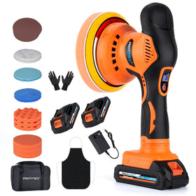 Protmex front view of orange cordless polisher showing ergonomic grip and head, improved handling