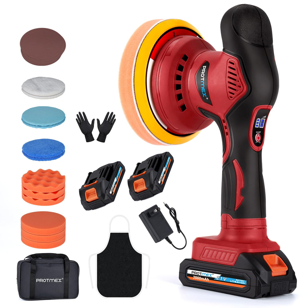 Protmex polisher front view showing ergonomic handle and red housing for comfortable control