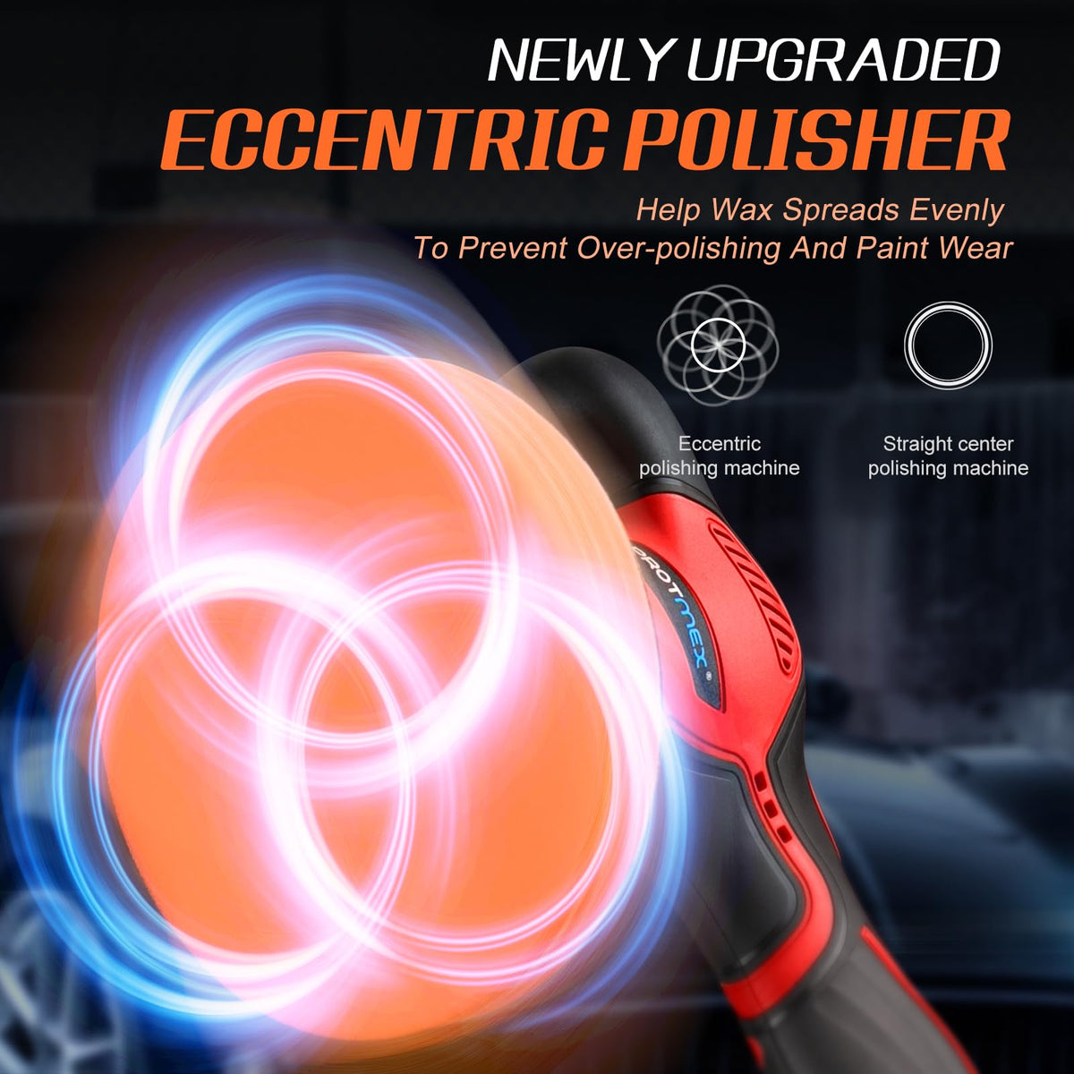 Protmex cordless polisher with two 21V batteries displayed to show dual-battery continuity