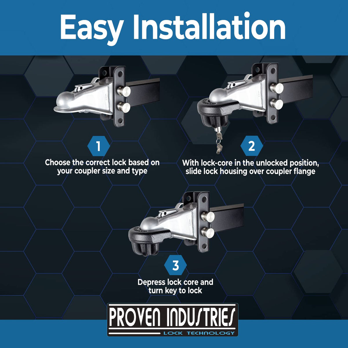 Proven Locks S175 installed on a trailer coupler preventing unauthorized hitching