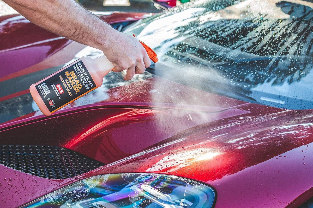 P & S PROFESSIONAL DETAIL PRODUCTS water beading on vehicle hood showing hydrophobic benefit