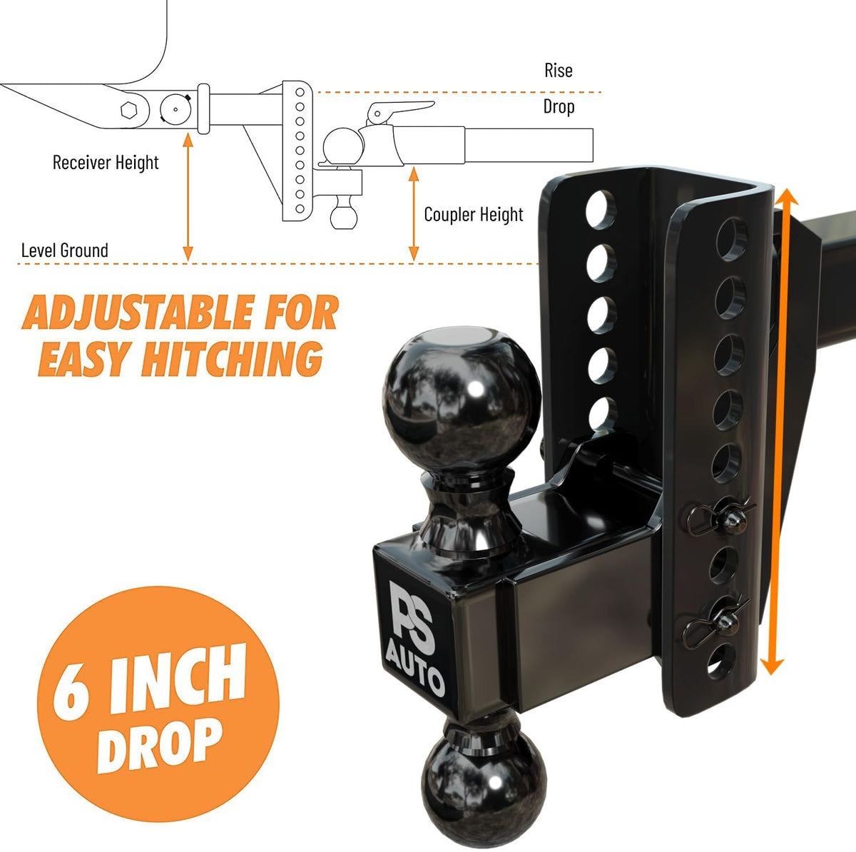 PSAUTO mounted 2-5/16-inch hitch ball illustrating heavy-duty towing readiness