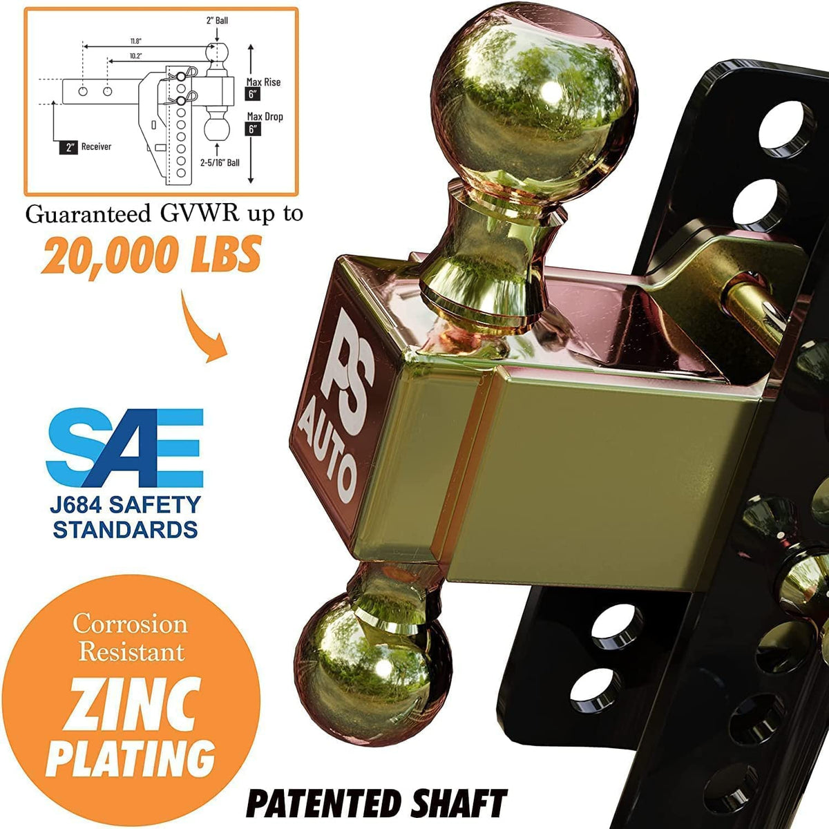 PSAUTO dual balls (2" and 2-5/16") displayed for quick size changes and versatile towing benefit