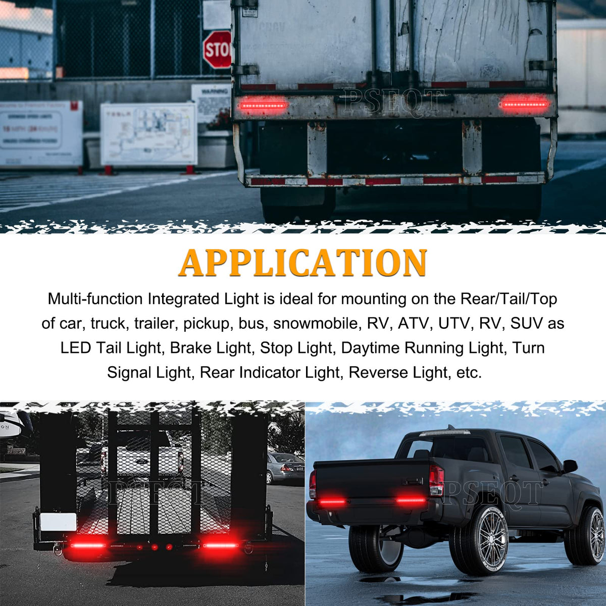 PSEQT light bar on trailer at night showing sequential amber turn and bright brake visibility