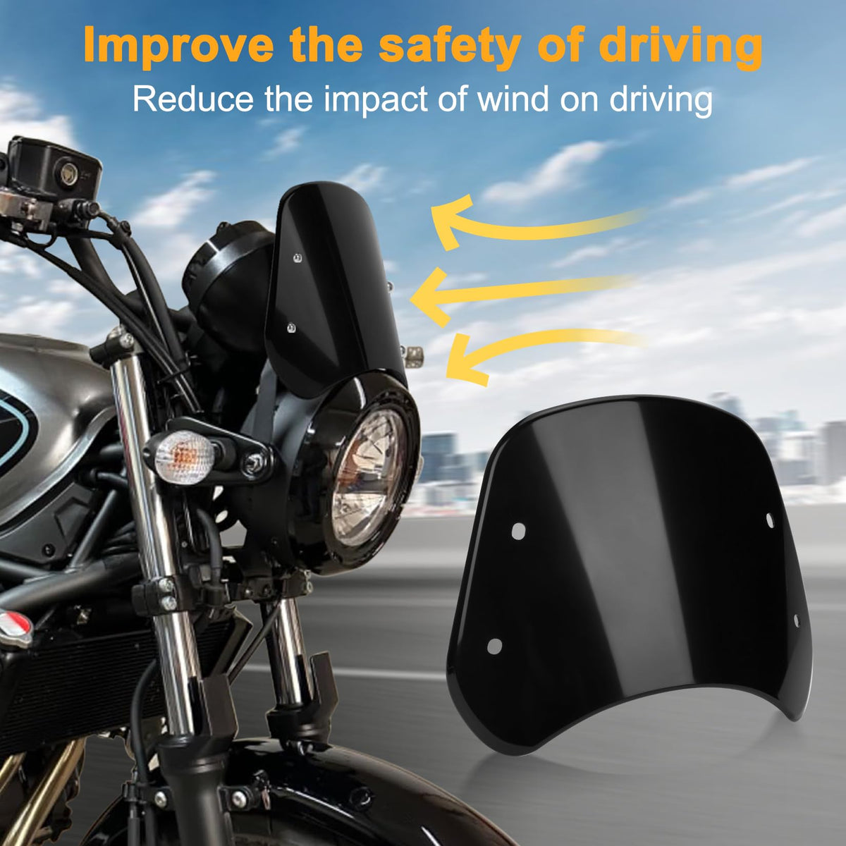 PSLER installed on motorcycle front reducing wind impact and improving comfort