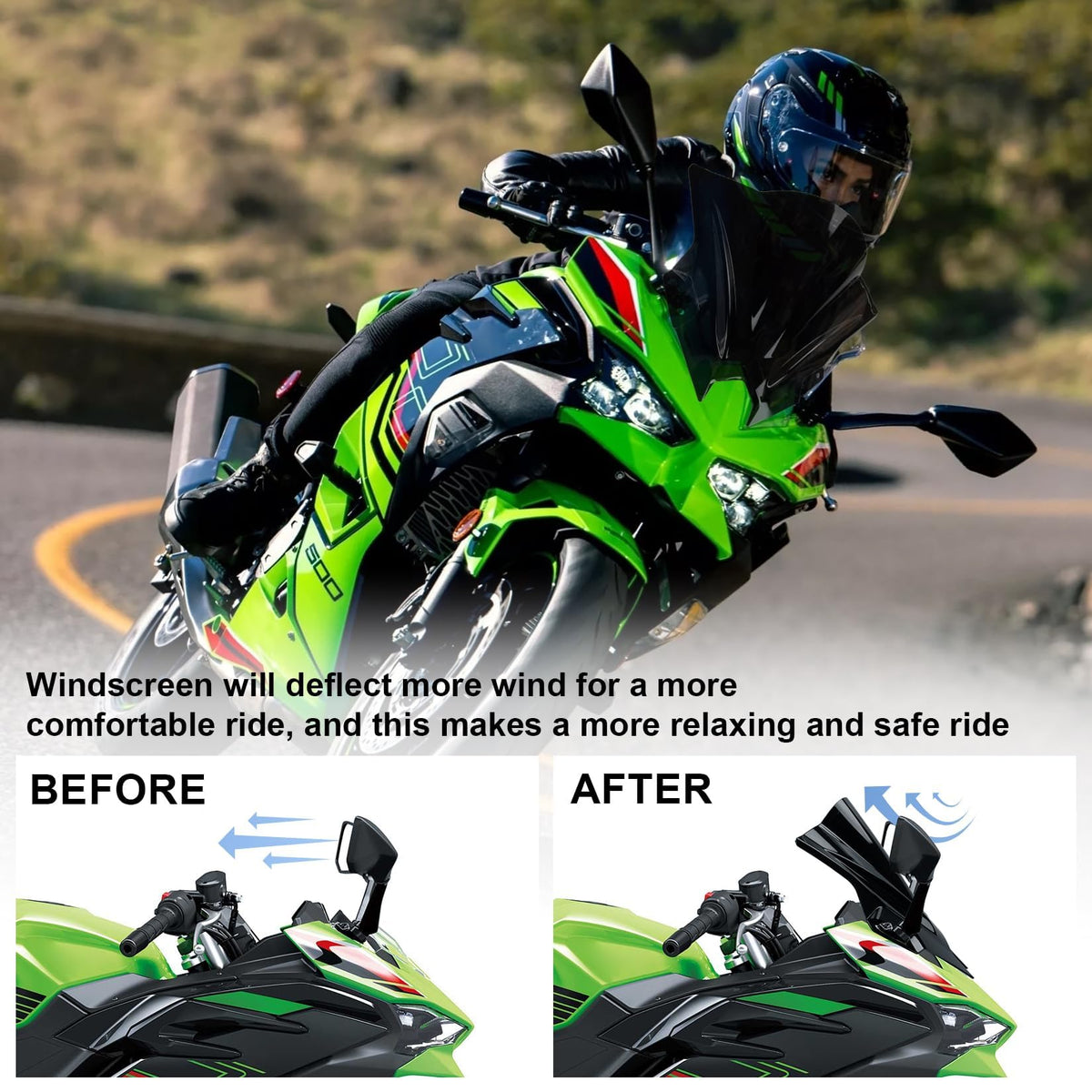 PSLER windscreen on bike in traffic illustrating wind deflection and rider comfort