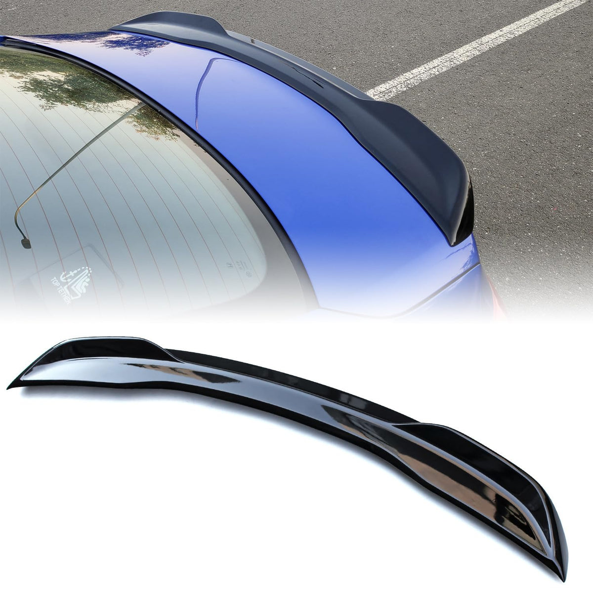 PSLER front view of bright black duckbill spoiler showing fit and finish benefit