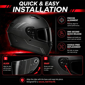 PSLER visor mounting pivot detail demonstrating tool-free installation benefit