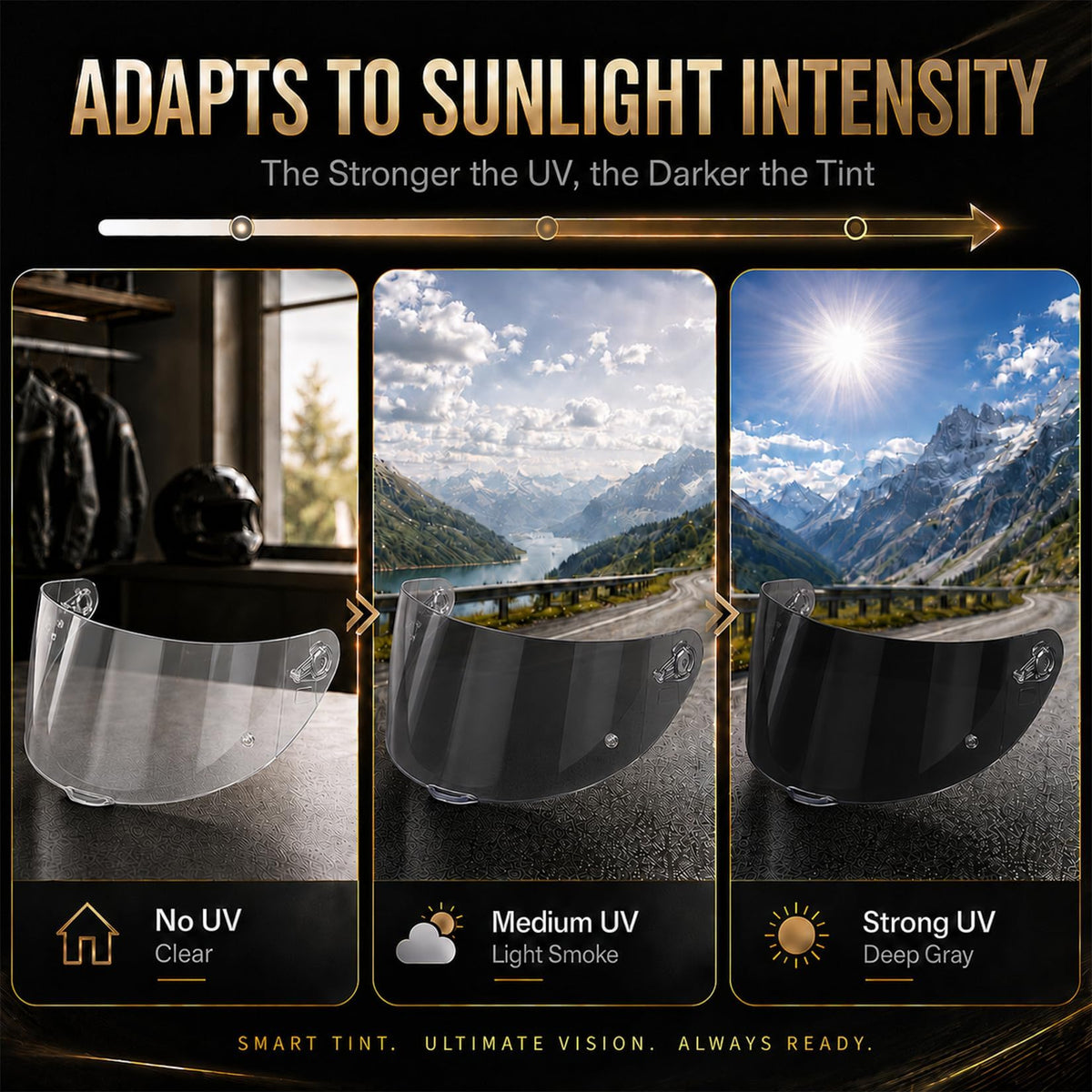 PSLER visor darkening outdoors demonstrating photochromic tint for glare reduction