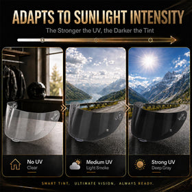 PSLER visor darkening outdoors demonstrating photochromic tint for glare reduction