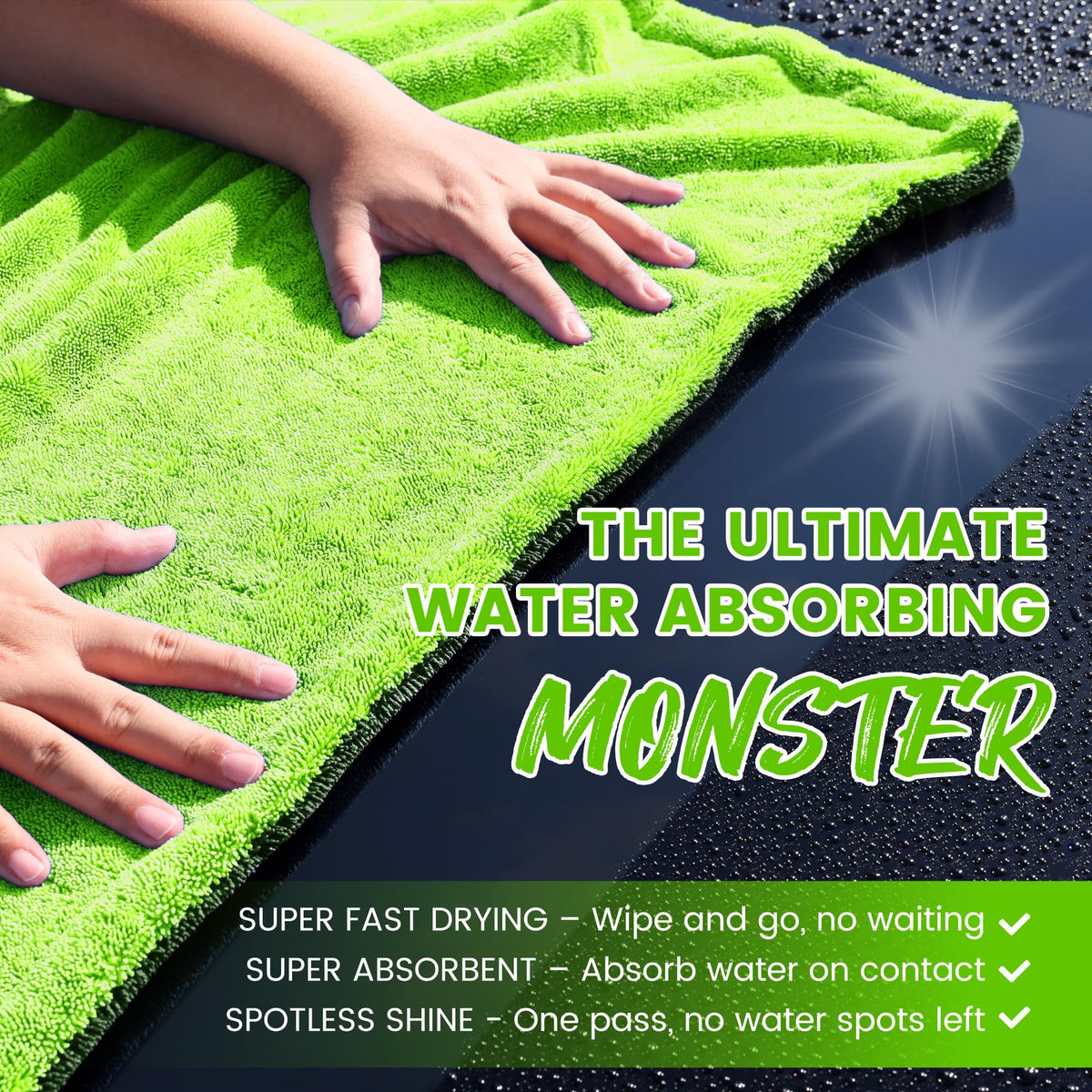 PUGPIU towel in use drying car hood with streak-free finish benefit
