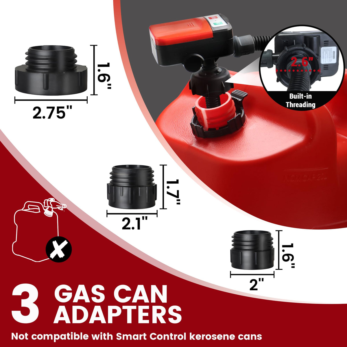 PUMPTOR three adapter sizes laid out for versatile fuel can compatibility