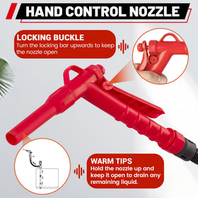 PUMPTOR hand nozzle and 51-inch hose detail, allows precise spill-free pouring