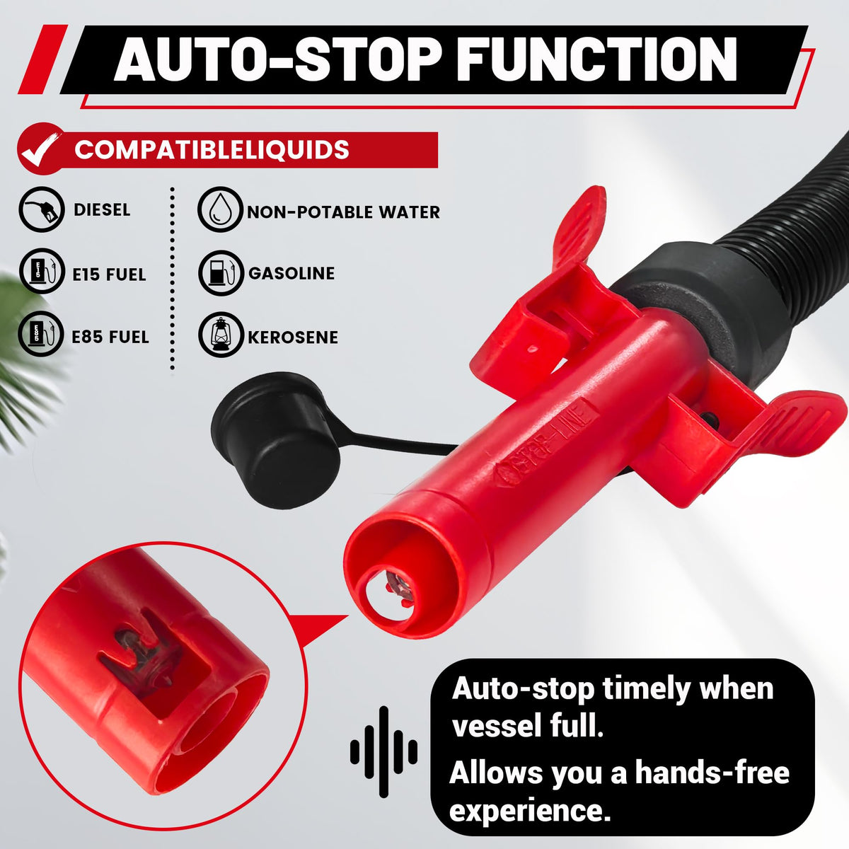 PUMPTOR nozzle close-up with auto-stop sensor demonstrating spill prevention