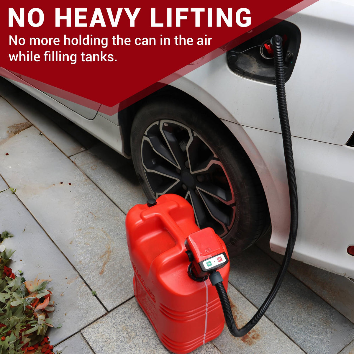 PUMPTOR beside a 5-gallon gas can illustrating compact size and storage convenience
