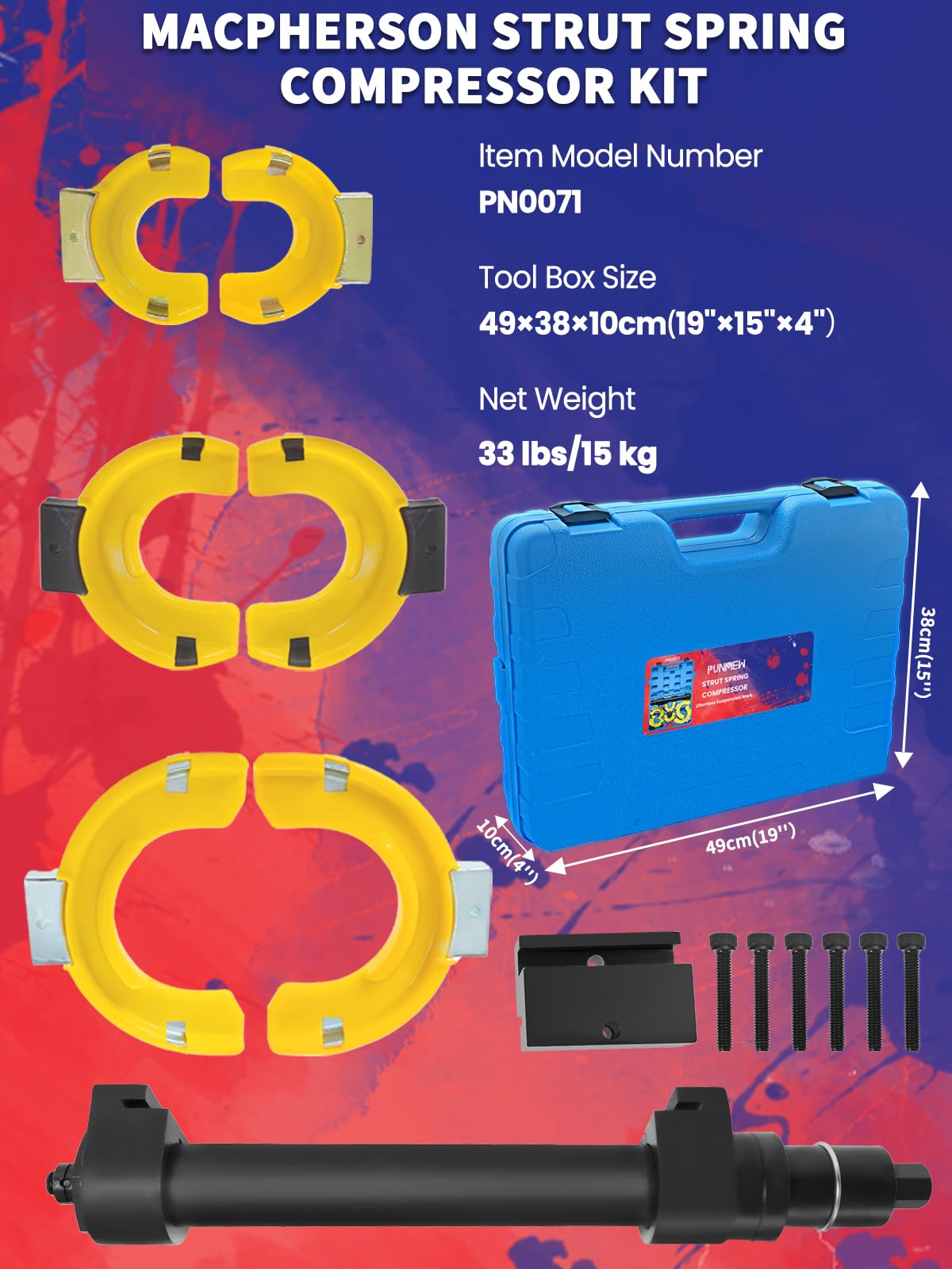 Punmew in use on a vehicle strut demonstrating safe, stable spring compression