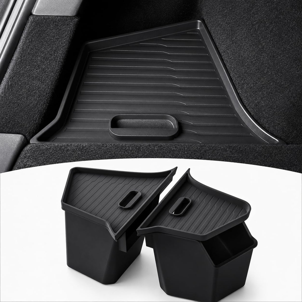 PUOENI front view installed in Model Y trunk showing tidy storage and OEM fit