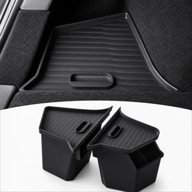 PUOENI front view installed in Model Y trunk showing tidy storage and OEM fit