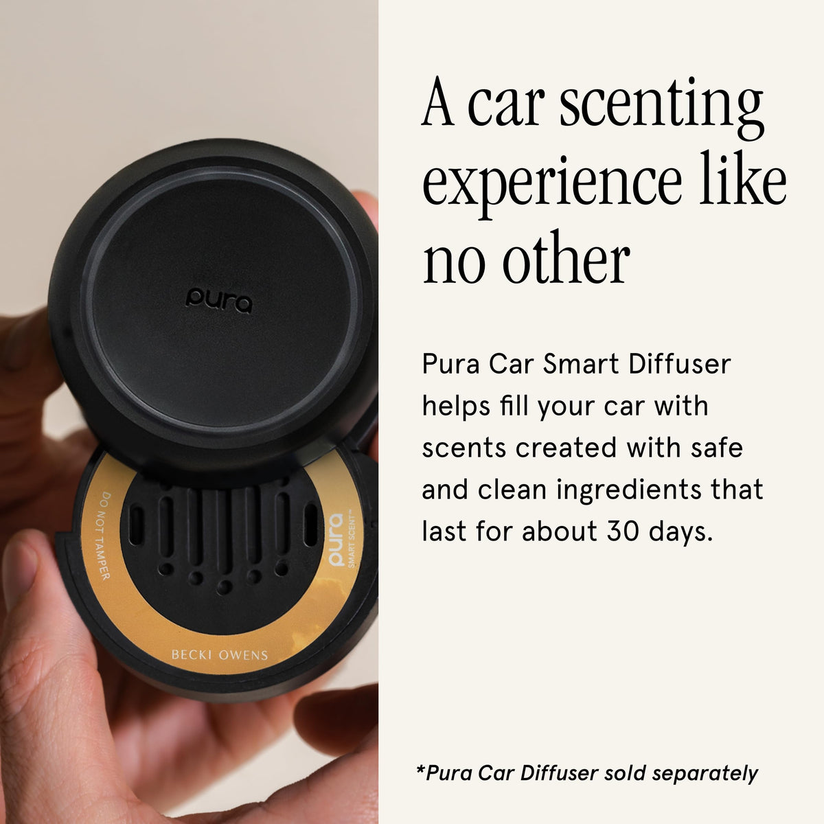 Pura Becki Owens refill inserted in Pura car diffuser demonstrating easy setup