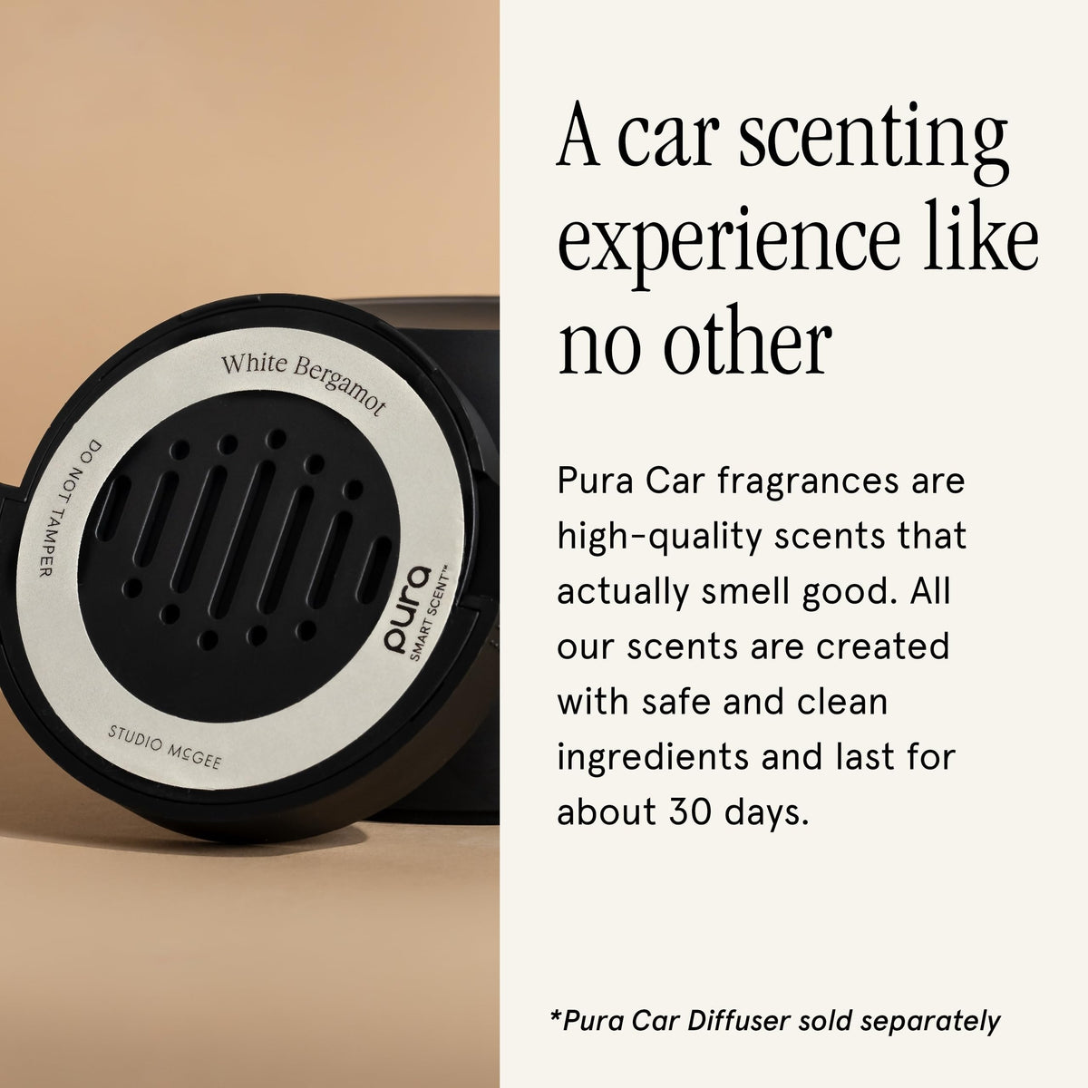 Pura Car diffuser on vehicle dashboard dispersing scent for a fresher commute