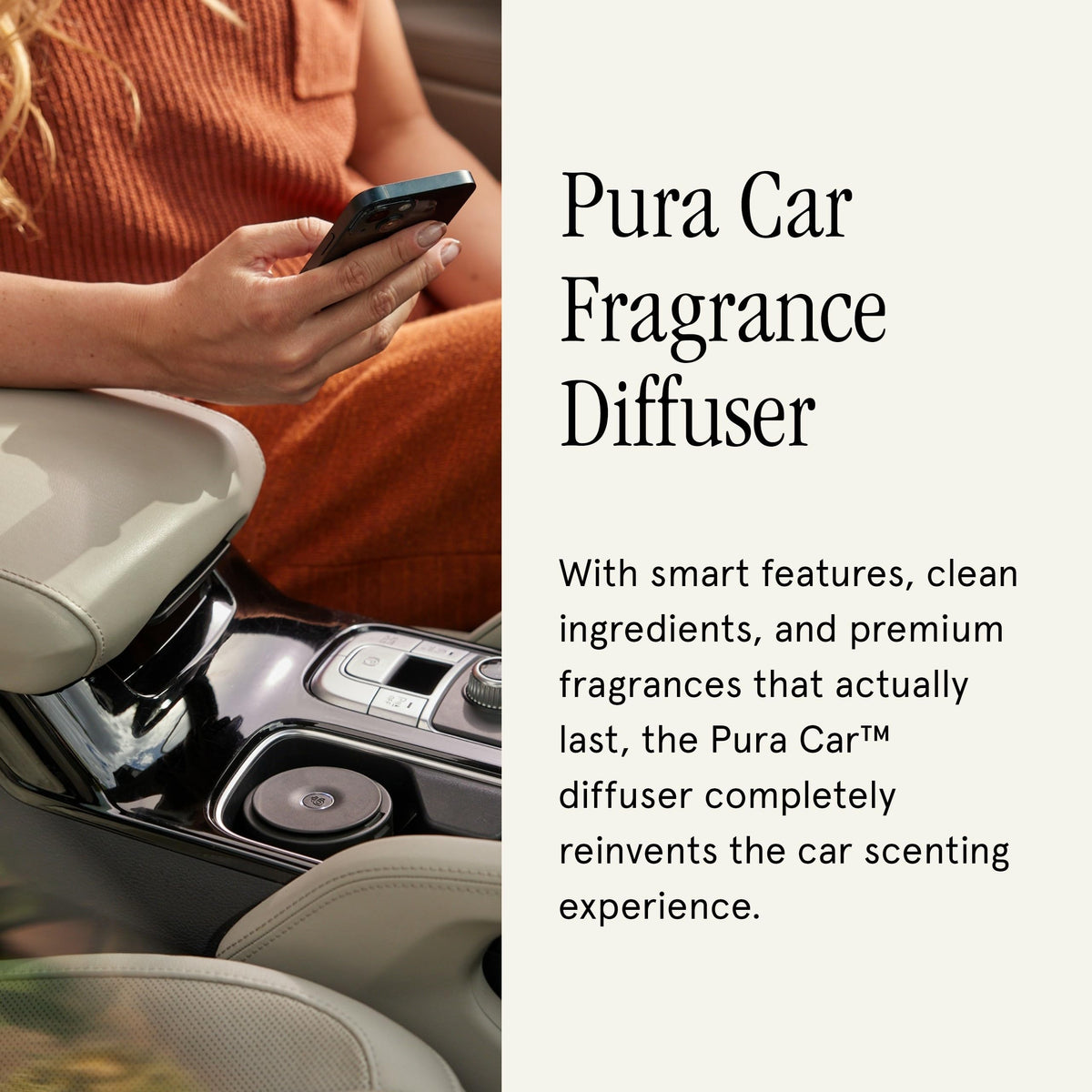 Pura diffuser mounted in car vent delivering hands-free fragrance