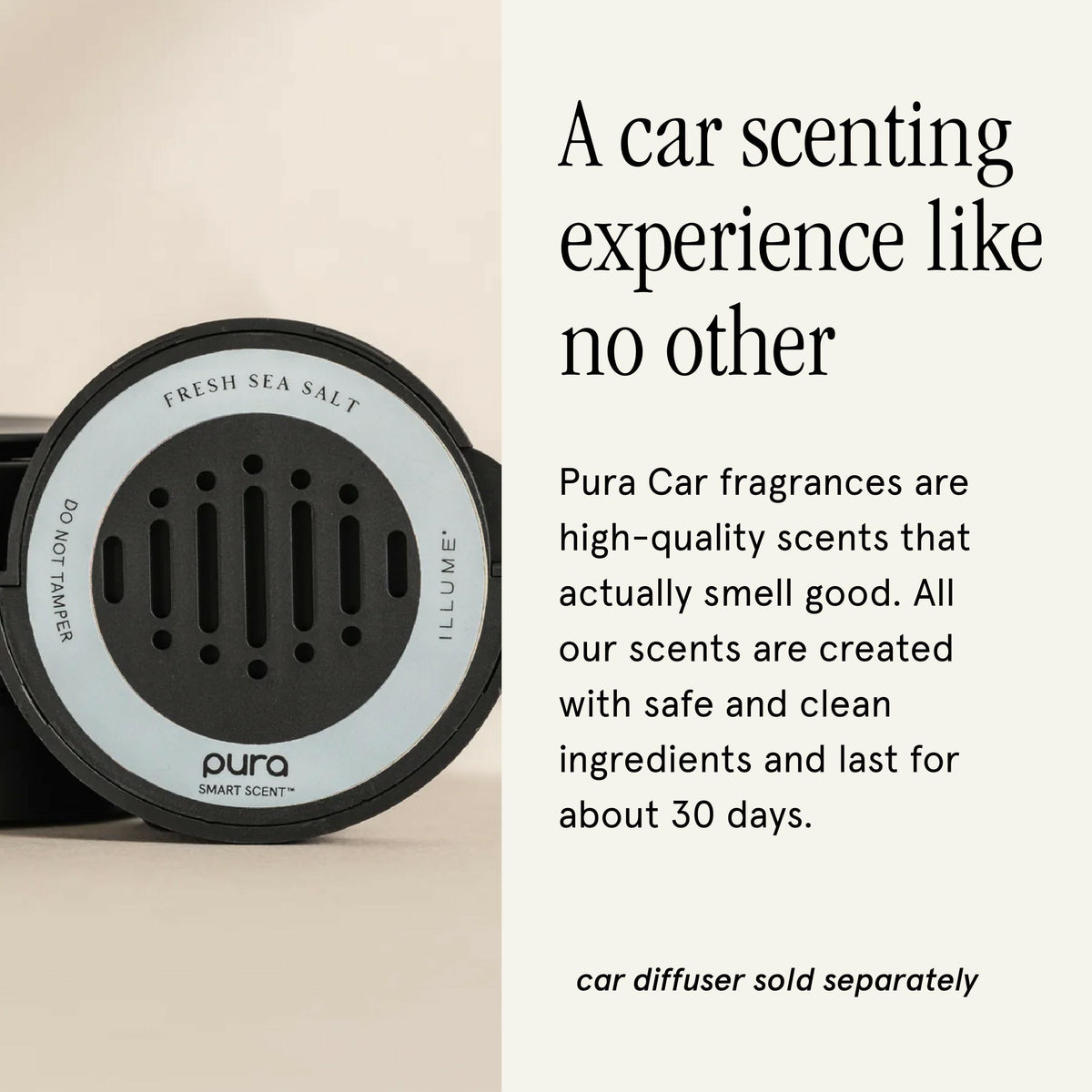 Pura cartridge installed in car diffuser demonstrating motion-activated fragrance