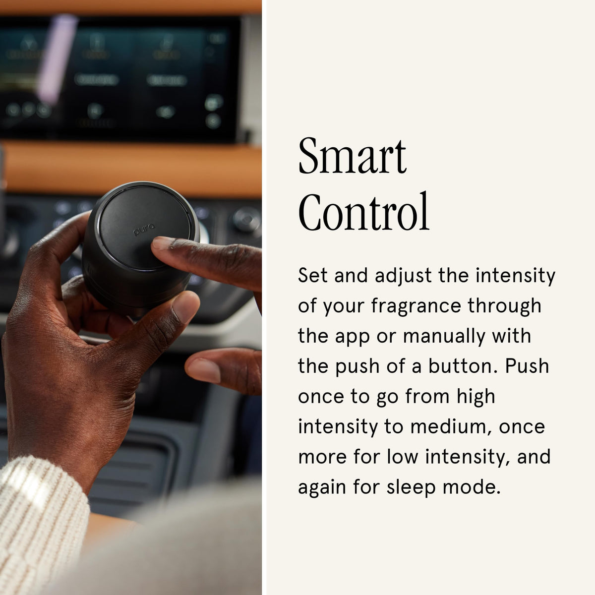 Pura on dashboard demonstrating cordless placement and automatic motion start benefit