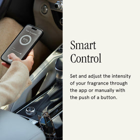 Pura Del Mar cartridge next to smartphone showing compact size and app control convenience