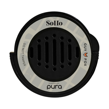 Pura & GUY FOX Soho refill front packaging showing fragrance name and design benefits