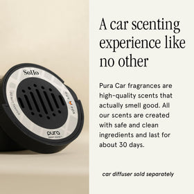 Pura Car diffuser with Soho refill installed showing in-car use and hands-free control