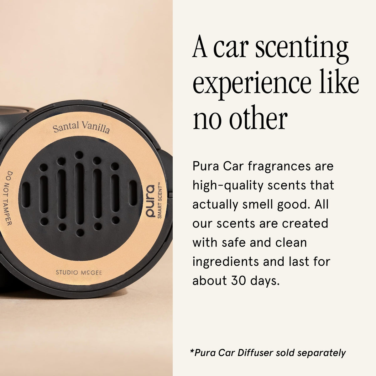 Pura Santal Vanilla installed in car vent demonstrating hands-free scenting
