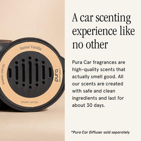 Pura Santal Vanilla installed in car vent demonstrating hands-free scenting
