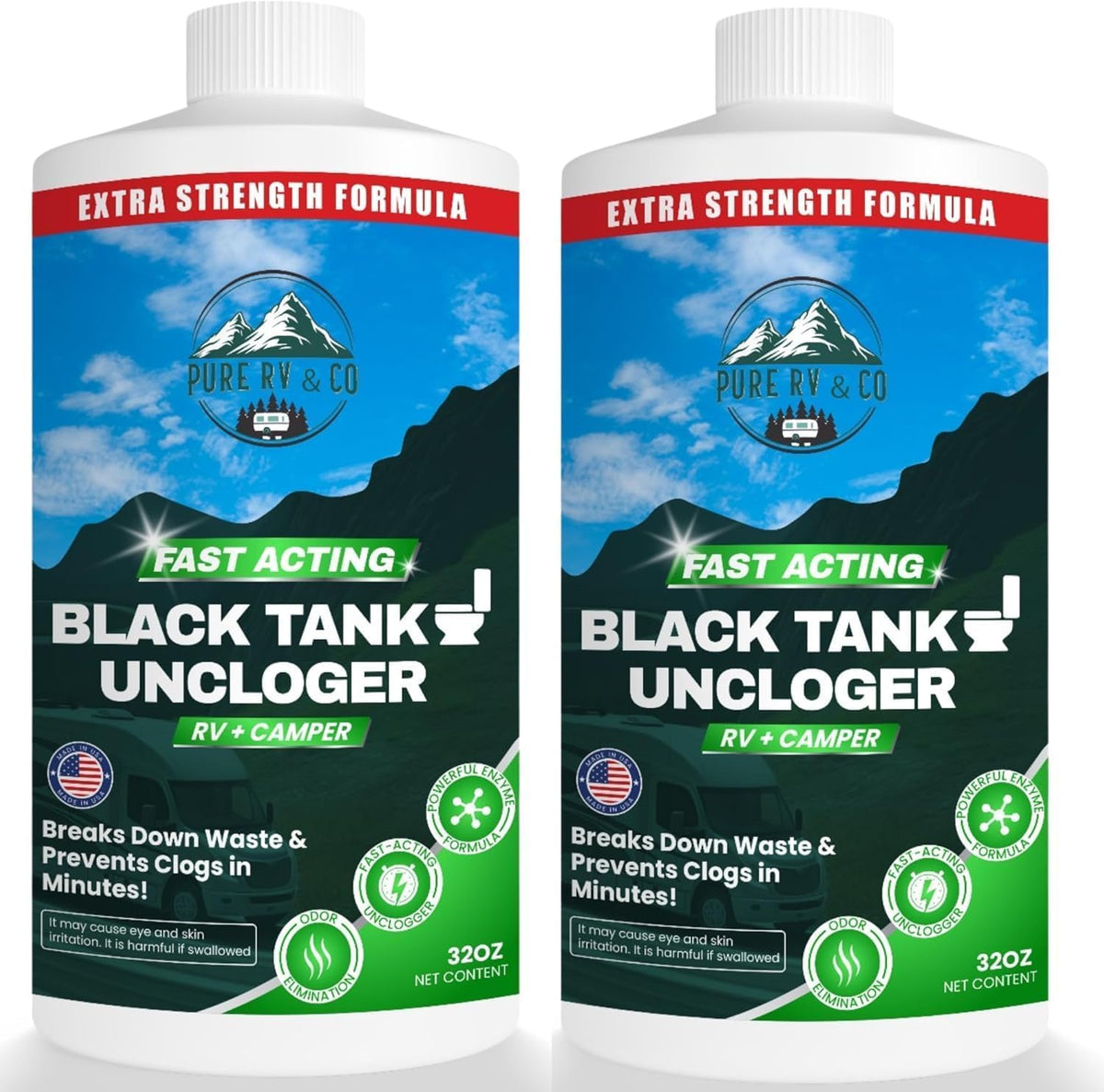 Pure RV bottle front label showing product and fast unclog benefit