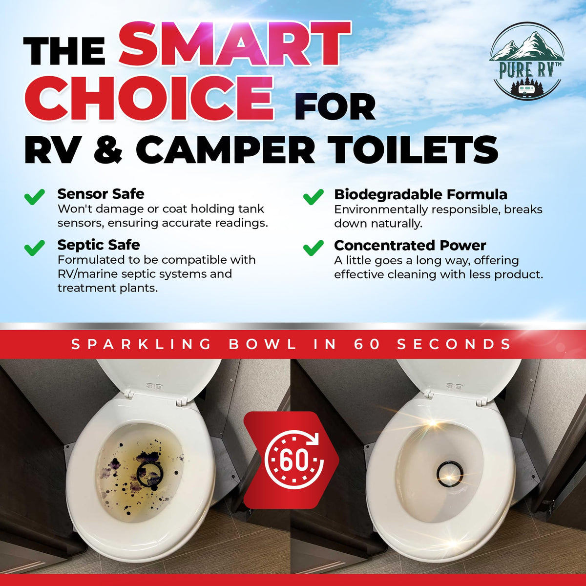 Pure RV bottle placed in camper bathroom demonstrating travel-ready storage