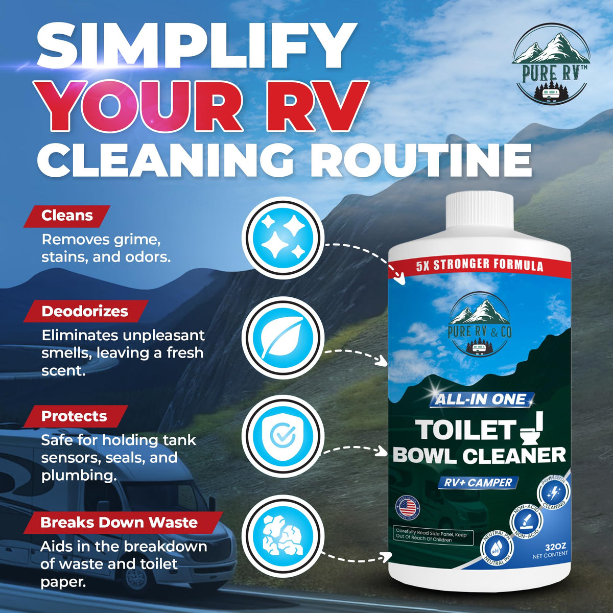 Pure RV close-up of bottle nozzle detailing controlled pour and spill reduction