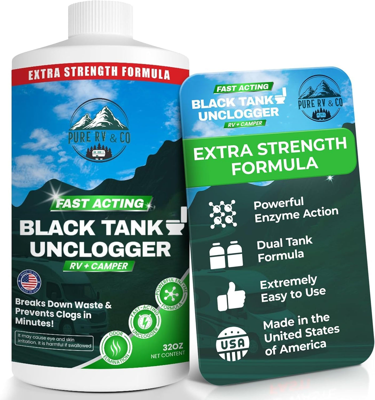 Pure RV front packaging showing bottle pouring into RV toilet for fast relief