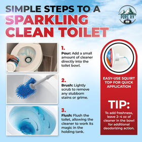 Pure RV being poured into toilet bowl for fast stain breakdown and deodorizing