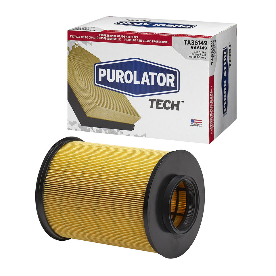 Purolator TA36149 front view of boxed filter showing brand and fitment benefits