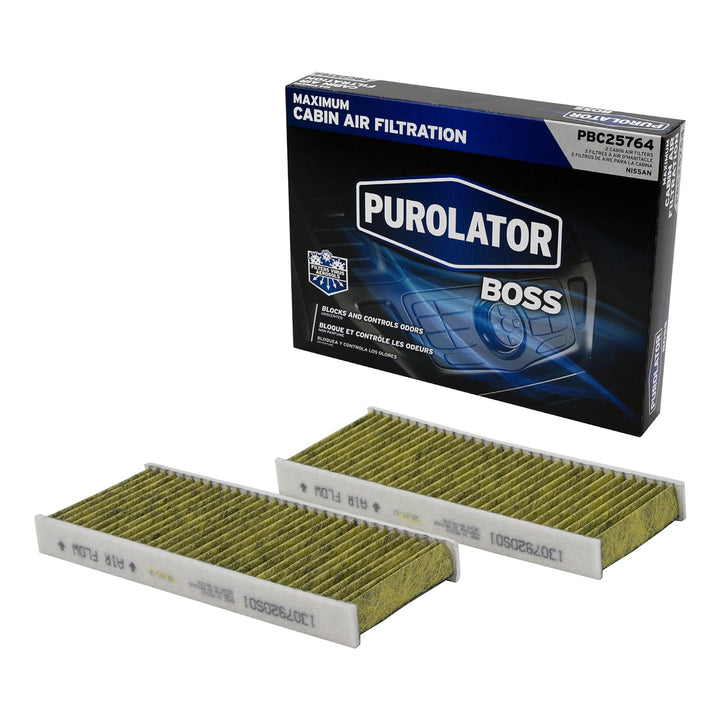 Purolator PurolatorBOSS front view of packaged filter showing product and fit benefits