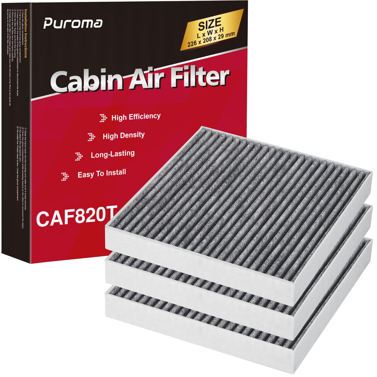 Puroma front view of CF12820 packaging showing model and fit benefits