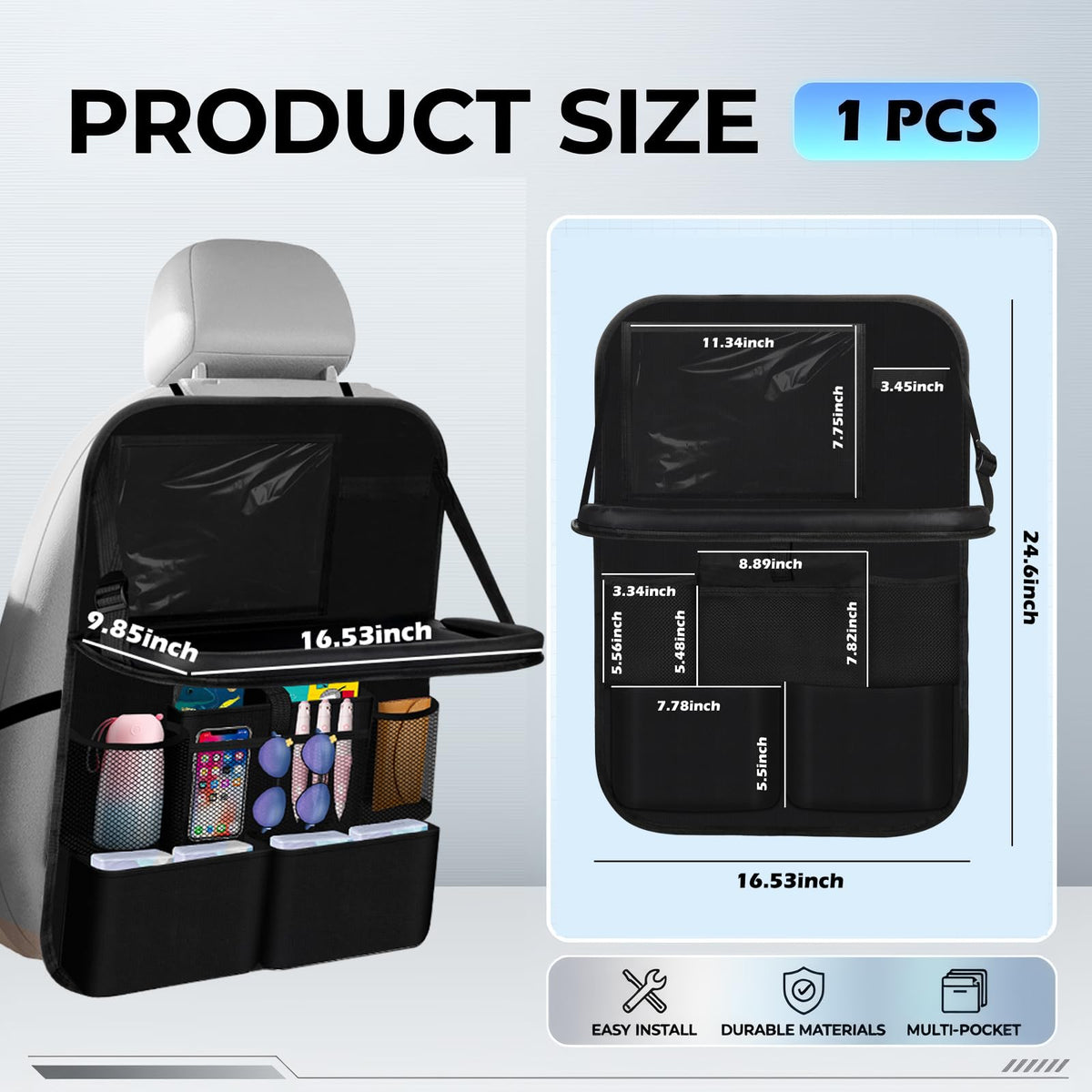 Purthog fold-out tray extended and flat, provides stable surface for laptop or meal