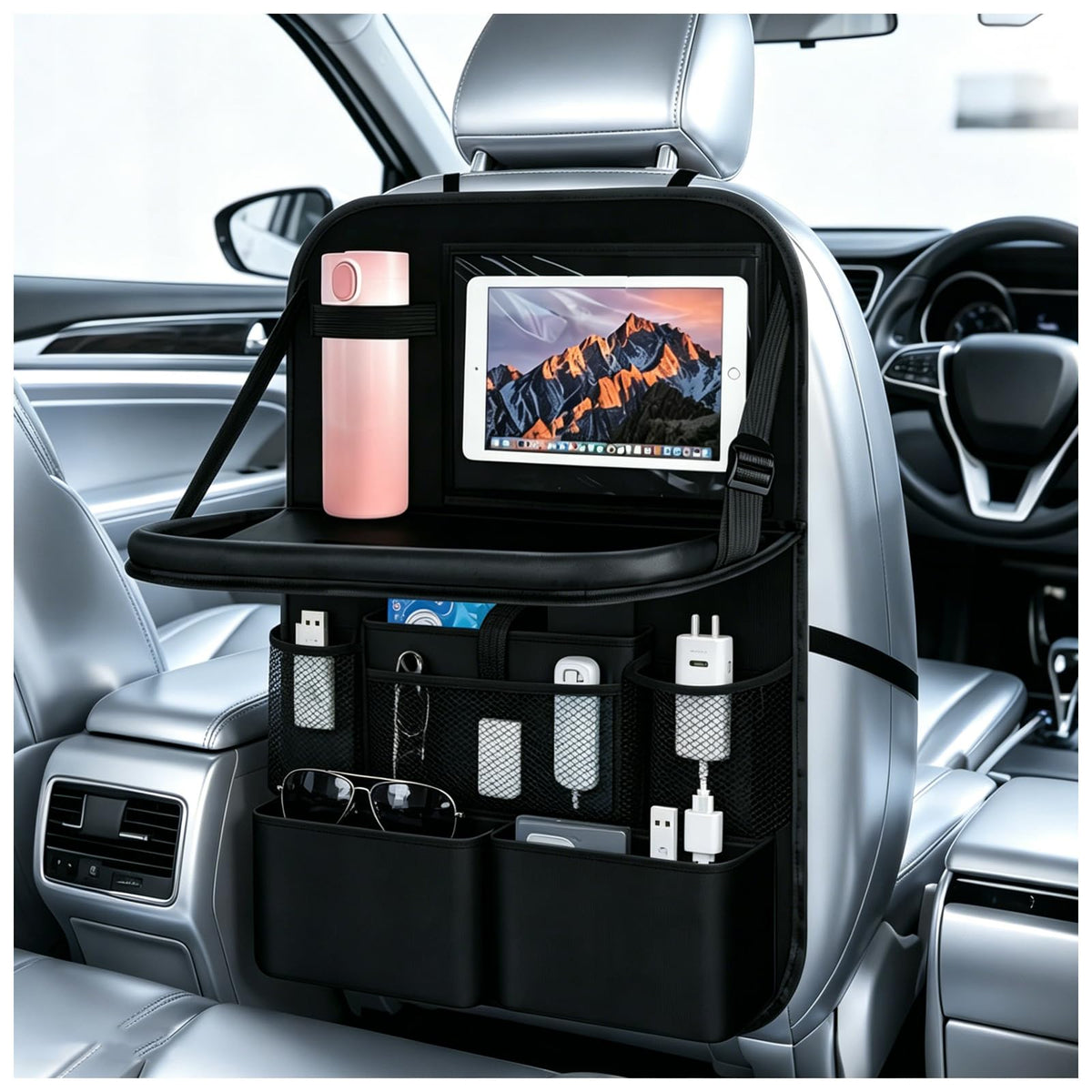 Purthog front view of hanging backseat organizer showing pockets and tray, keeps items tidy