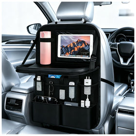 Purthog front view of hanging backseat organizer showing pockets and tray, keeps items tidy