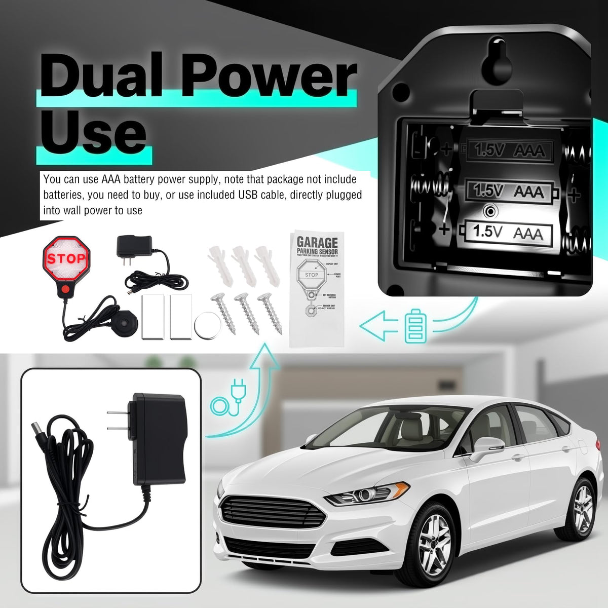 Purthog installed in a garage with car approaching showing clear parking guidance