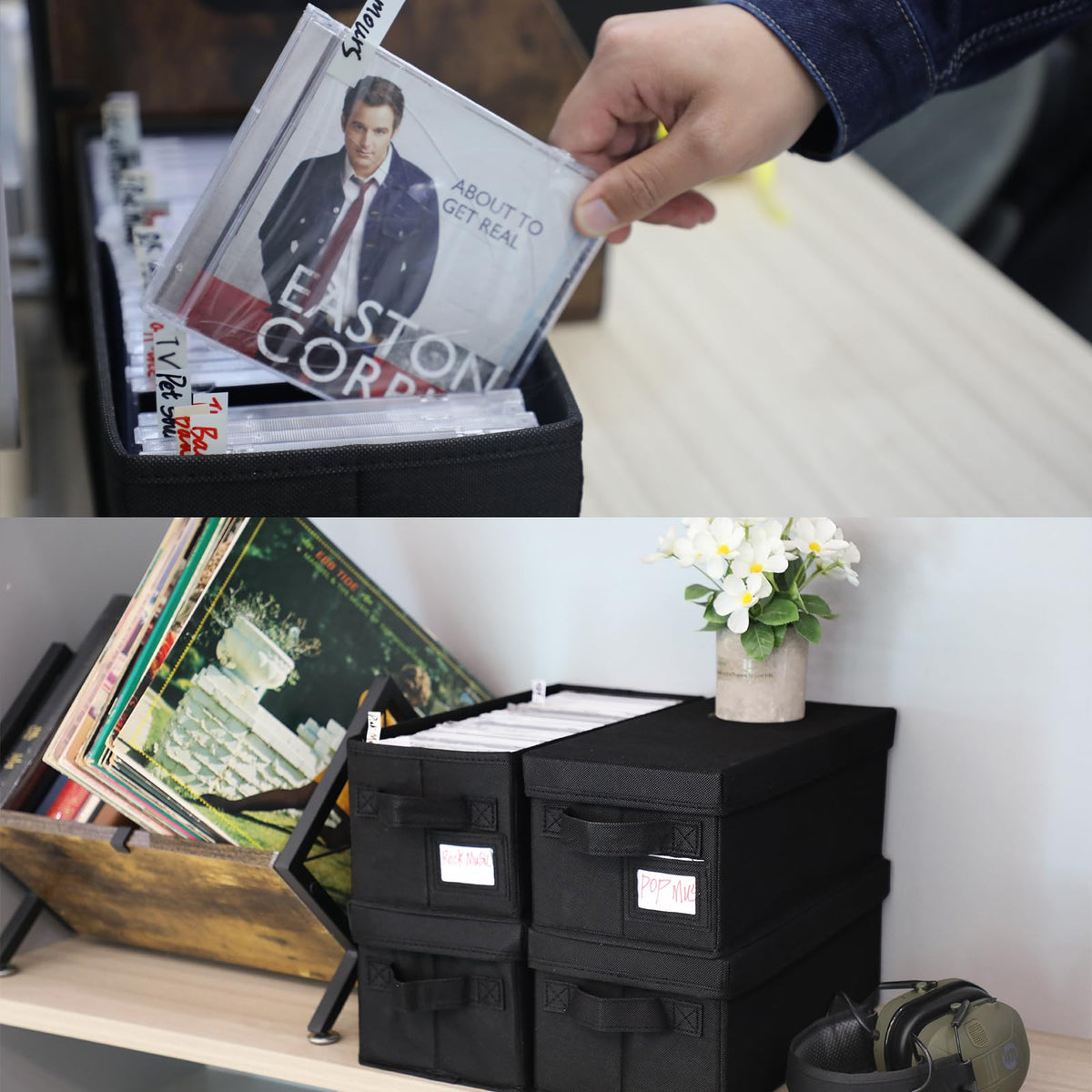 PUTNATRUE boxes styled on media shelf creating tidy display appeal