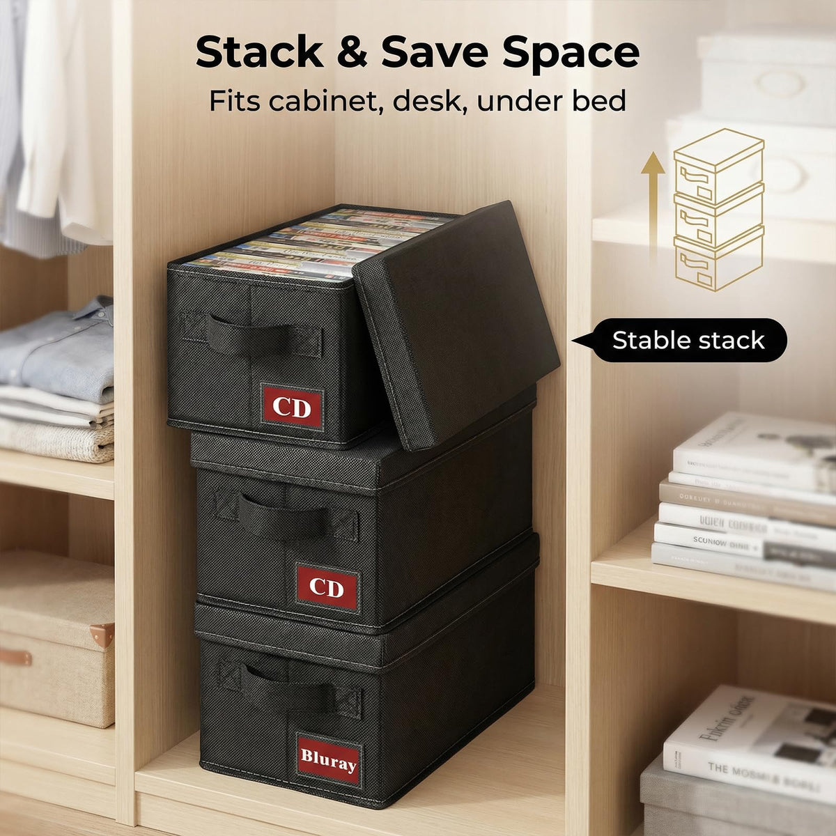 PUTNATRUE stacked boxes on shelf saving space and staying stable